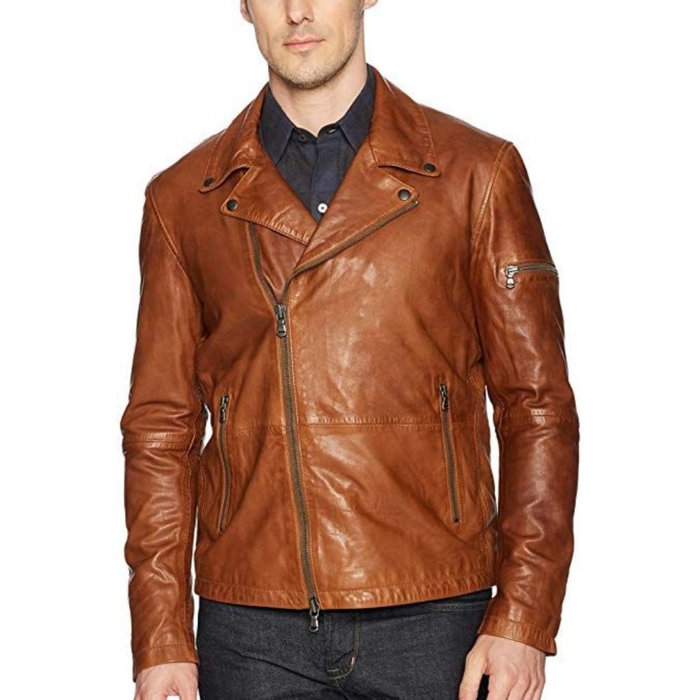 John Varvatos Men's Leather Moto Jacket with Asymmetrical Zip Closure Size Large